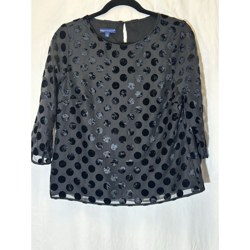RSVP by TALBOTS Blouse Sz S Black‎ Velvet Dot 3/4 Sleeve Burnout Tunic Top F23